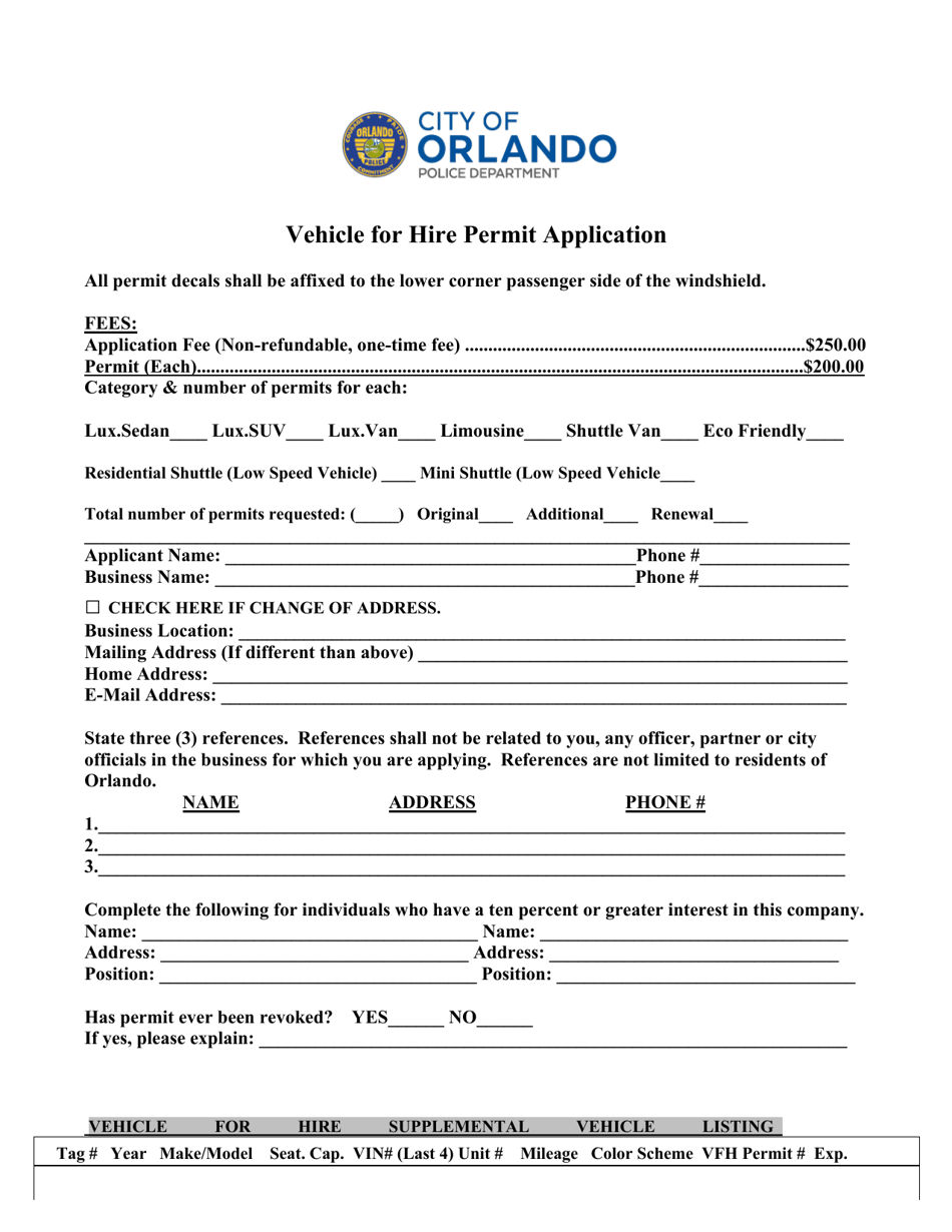 City of Orlando, Florida Vehicle for Hire Permit Application Download Printable PDF Templateroller