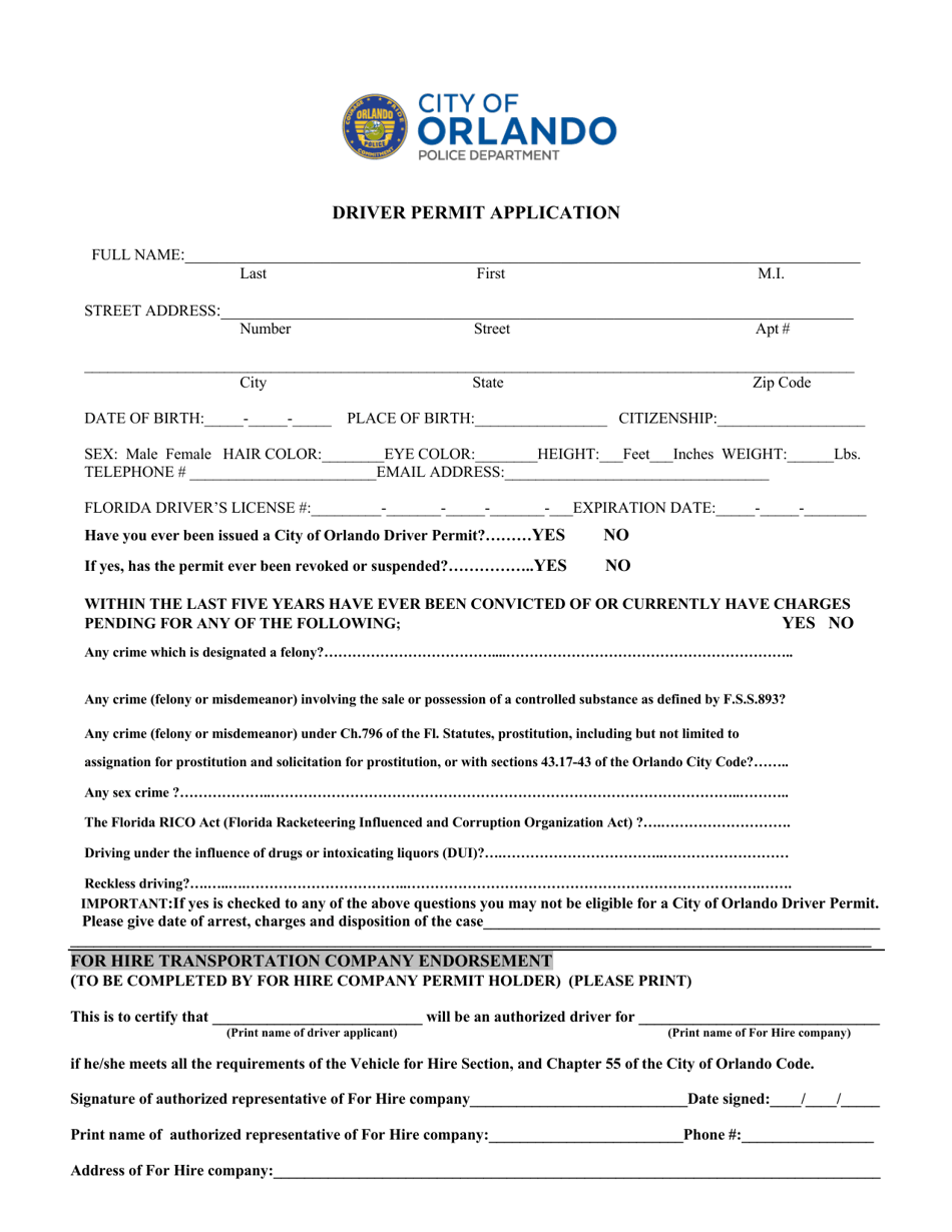 City of Orlando, Florida Driver Permit Application Download Printable