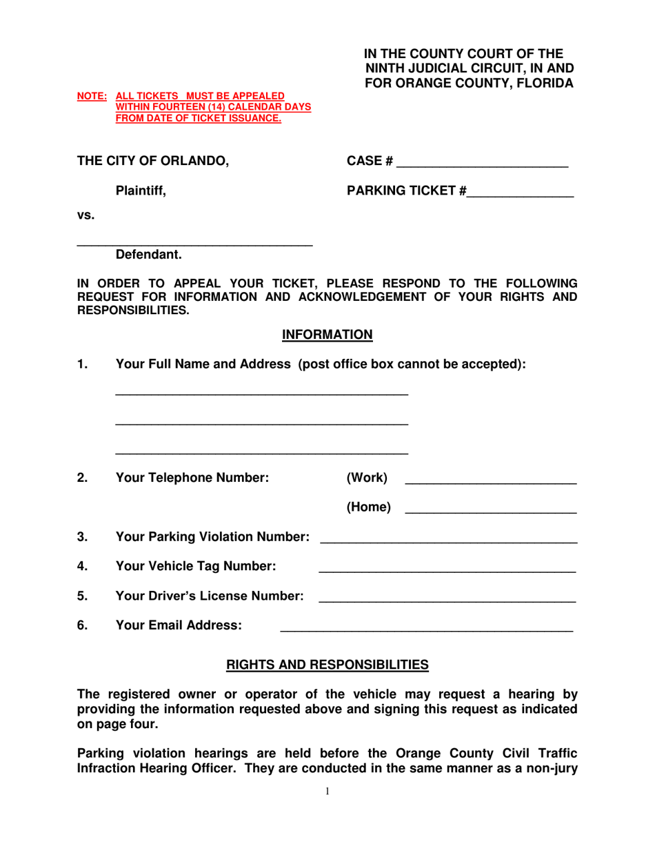 Parking Ticket Appeal Form - City of Orlando, Florida, Page 1