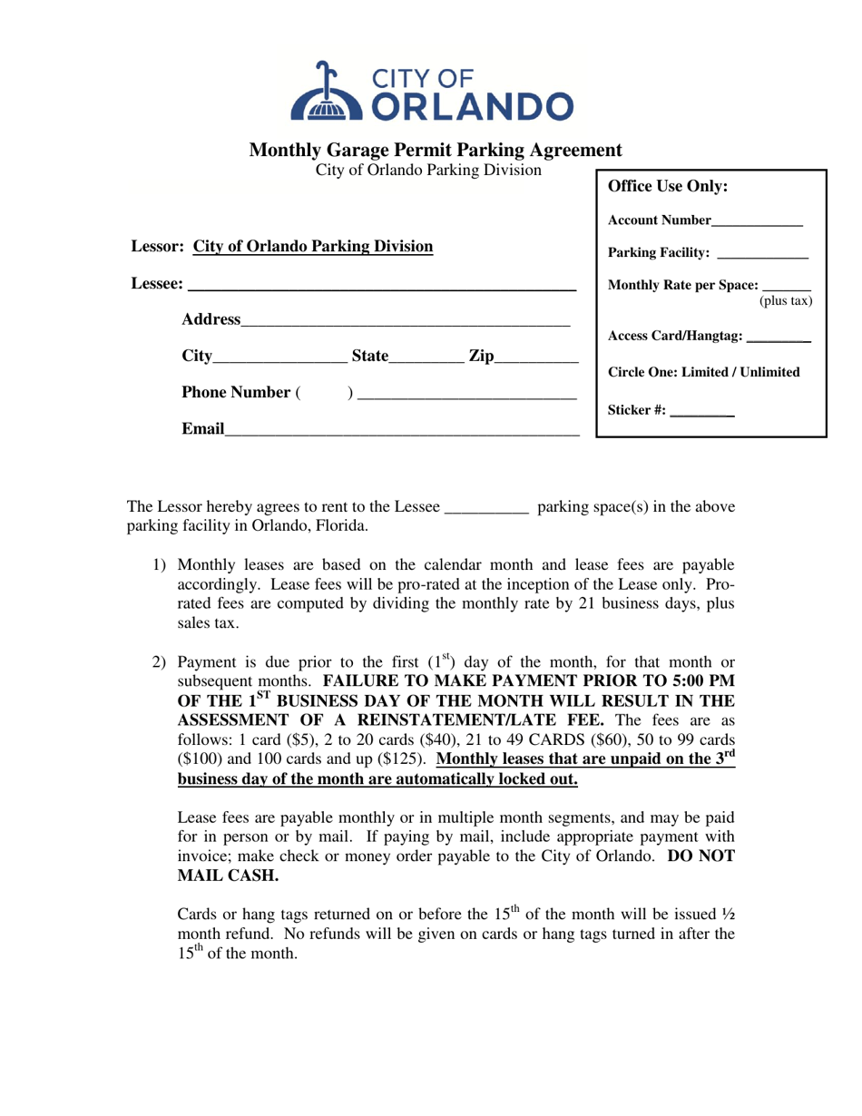 Monthly Garage Permit Parking Agreement - City of Orlando, Florida, Page 1