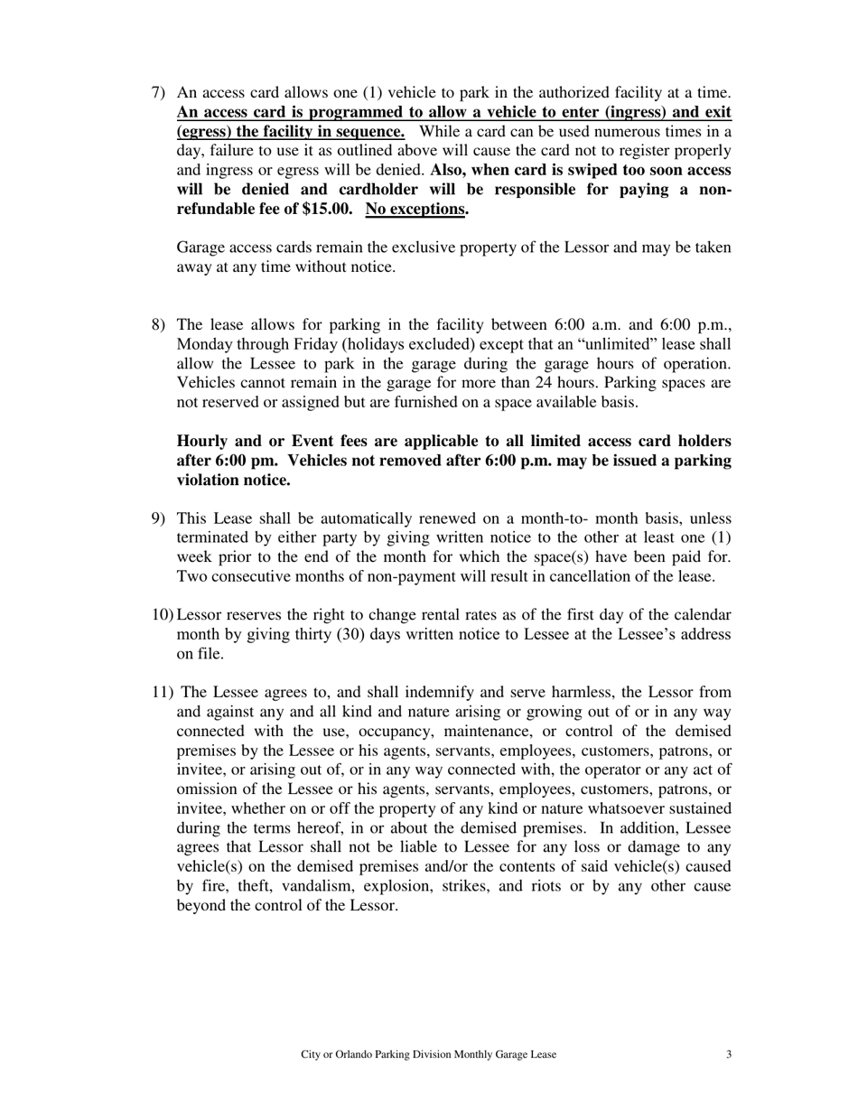 Monthly Garage Permit Parking Agreement - City of Orlando, Florida, Page 3