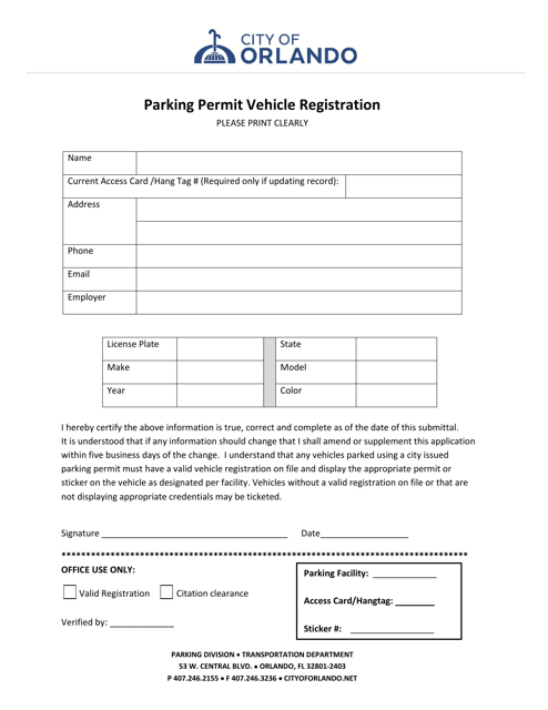 Parking Permit Vehicle Registration - City of Orlando, Florida Download Pdf