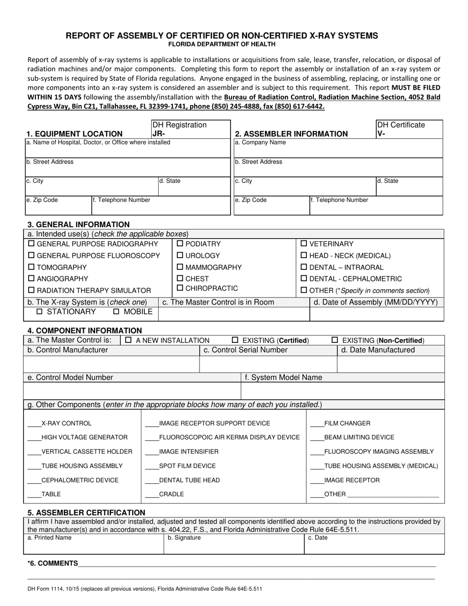 DH Form 1114 Report of Assembly of Certified or Non-certified X-Ray Systems - Florida, Page 1