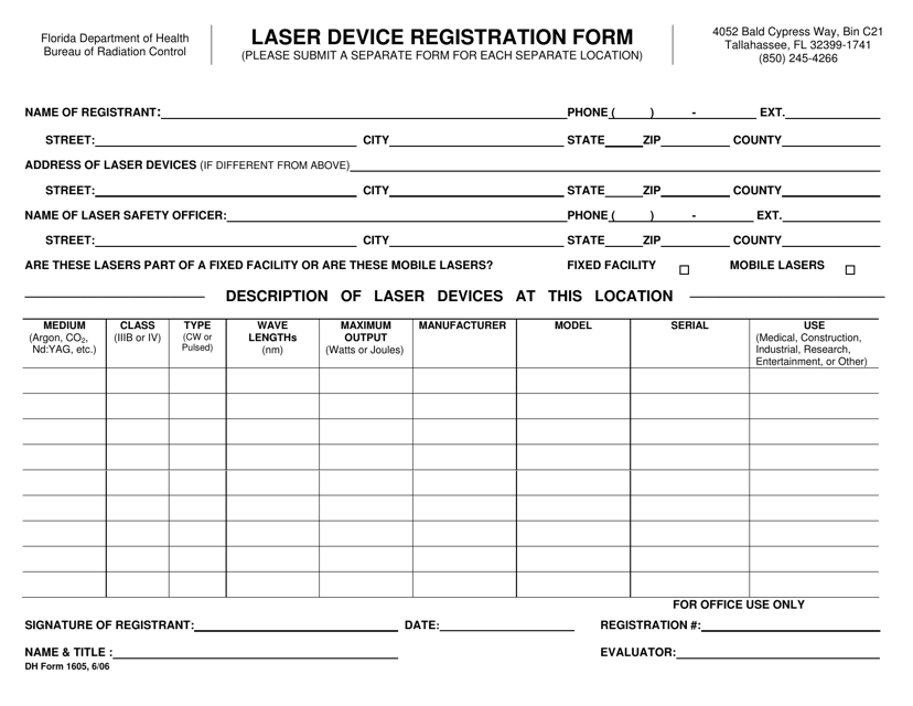 DH Form 1605 Laser Device Registration Form - Florida