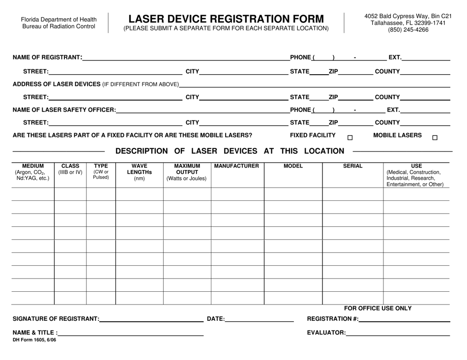 DH Form 1605 Laser Device Registration Form - Florida, Page 1