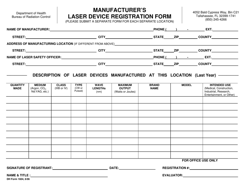 DH Form 1604 Manufacturer's Laser Device Registration Form - Florida