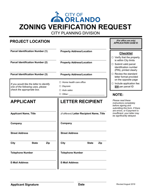 Zoning Verification Request - City of Orlando, Florida
