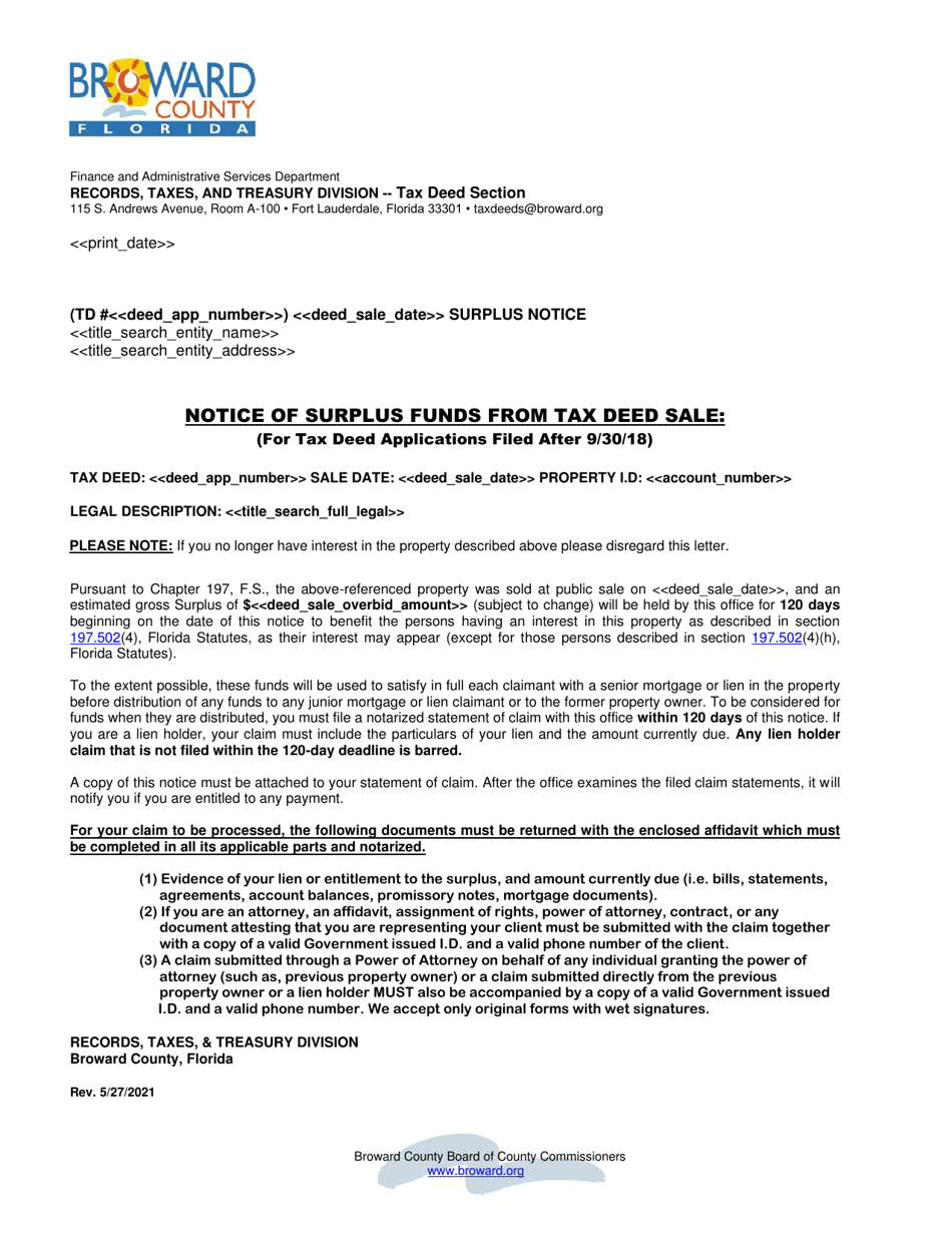 Broward County, Florida Affidavit to File for Tax Deed Surplus Funds