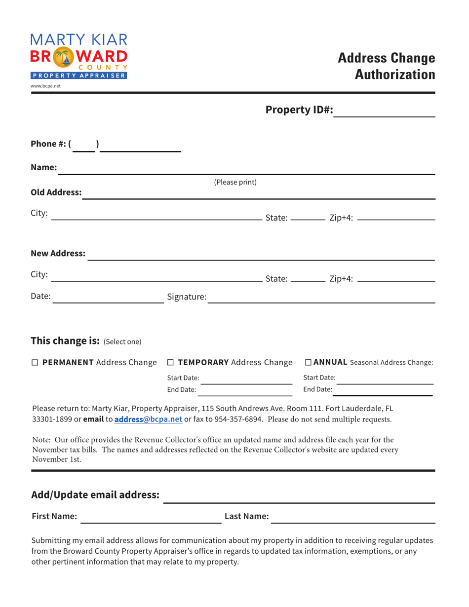 Property Appraisers Office Name / Address Change Authorization Form - Broward County, Florida, Page 1