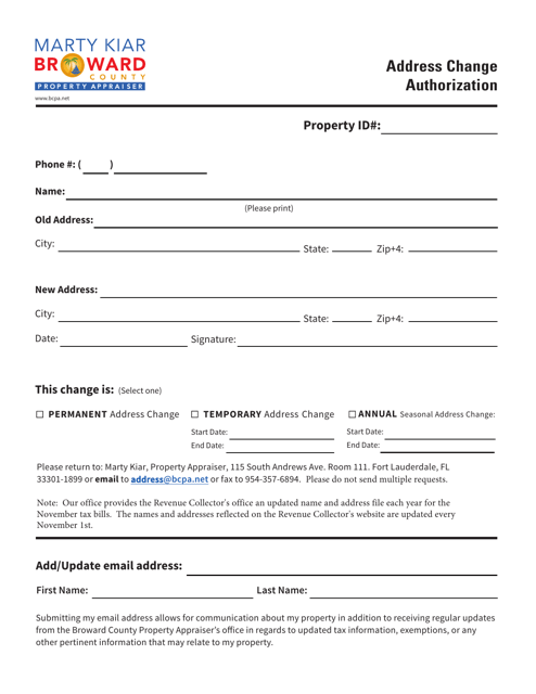 Property Appraiser's Office Name / Address Change Authorization Form - Broward County, Florida Download Pdf