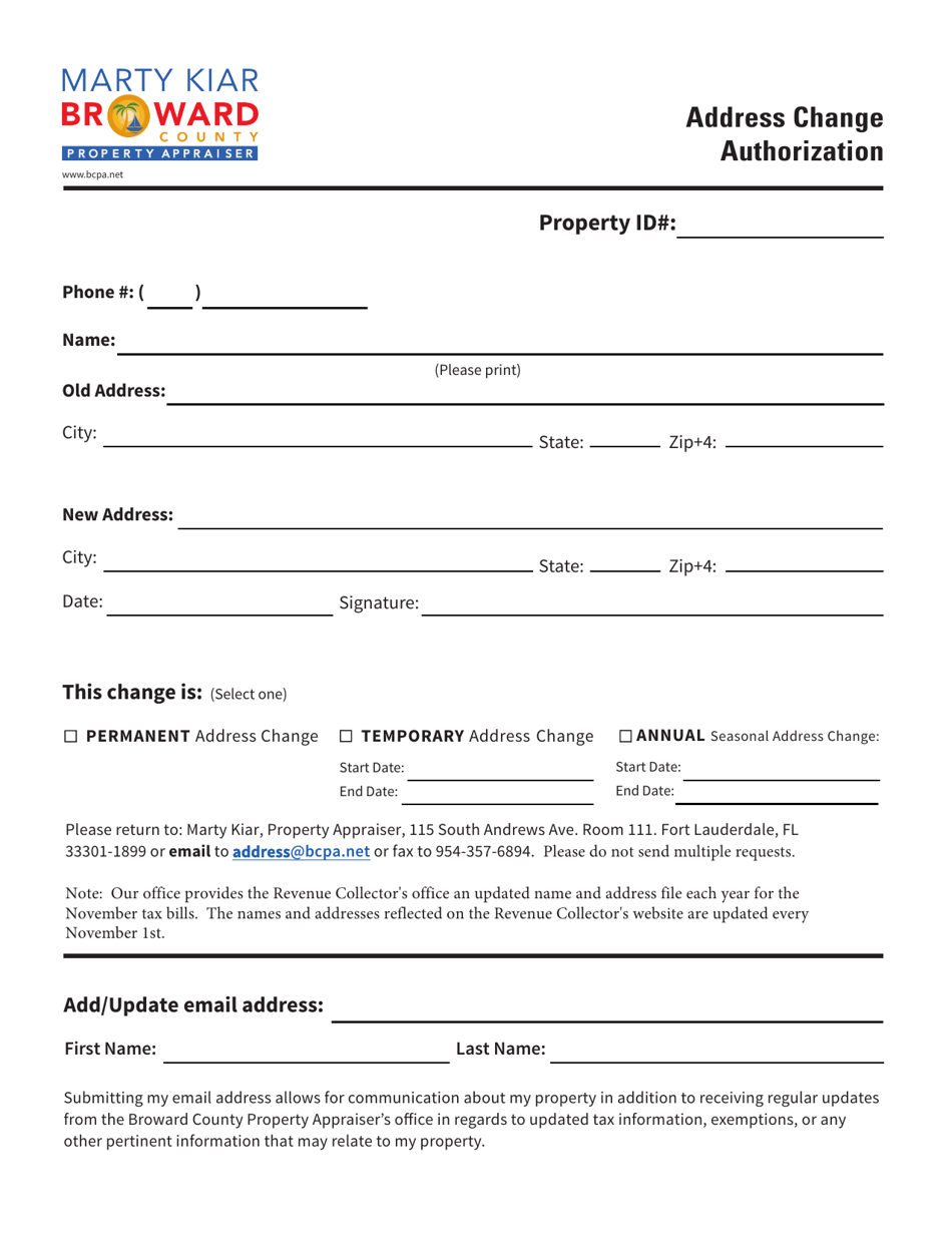 Broward County, Florida Property Appraiser's Office Name/Address Change
