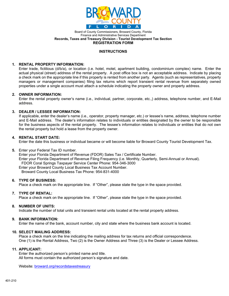 Form 401-210 Tourist Development Tax Registration Form - Broward County, Florida, Page 2