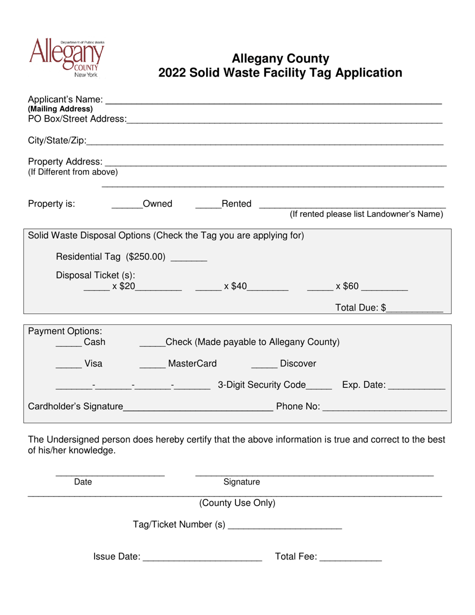 Solid Waste Facility Tag Application - Allegany County, New York, Page 1