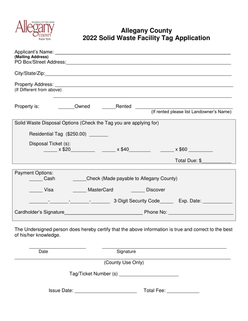 Solid Waste Facility Tag Application - Allegany County, New York Download Pdf