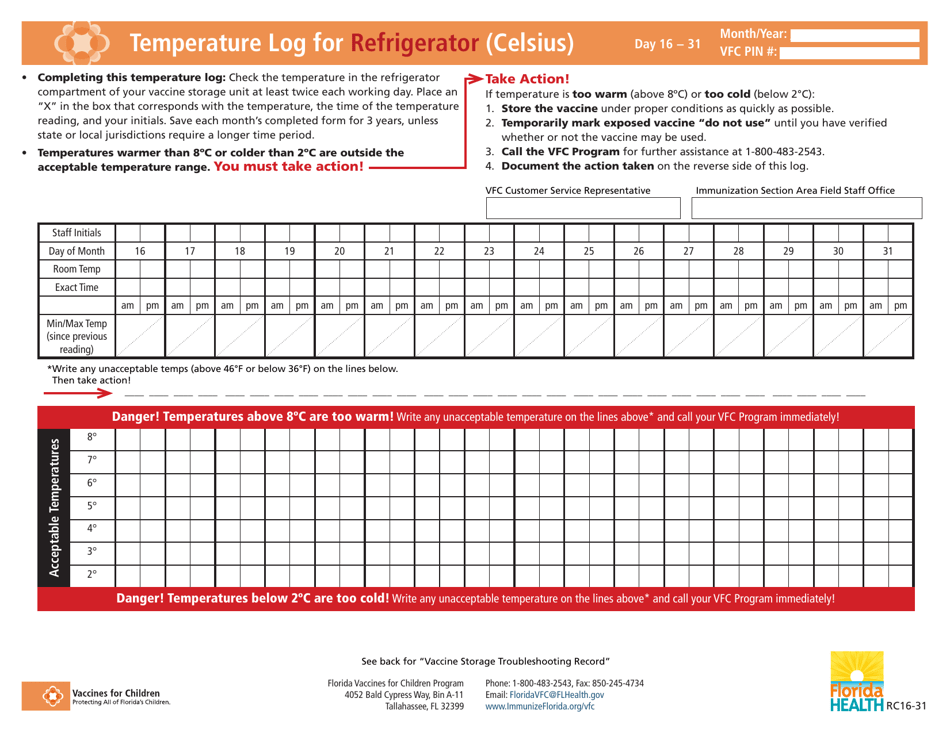 Temperature Log for Vaccines (Celsius) - Florida, Page 3