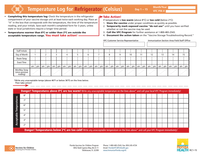 Document preview: Temperature Log for Vaccines (Celsius) - Florida