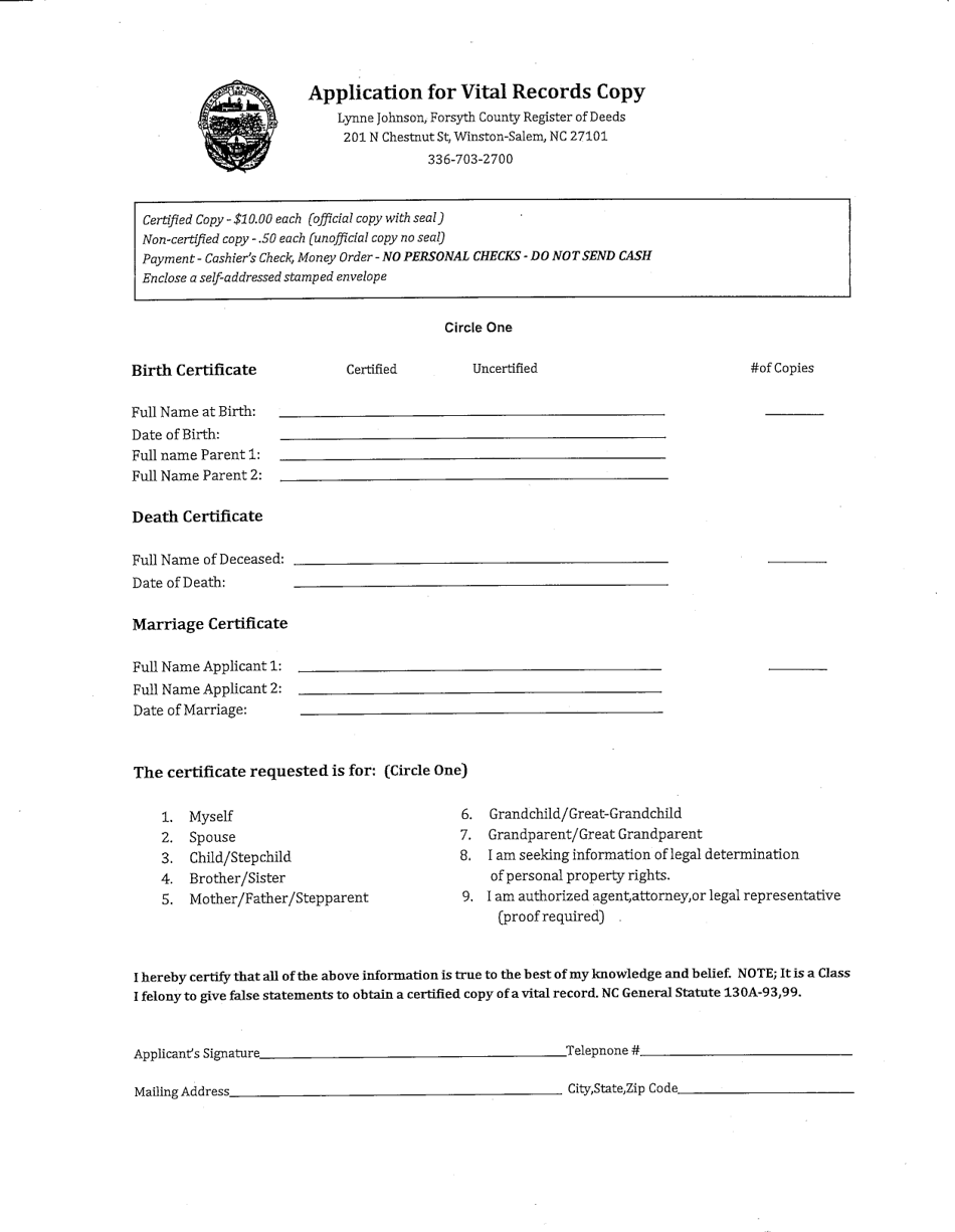 Application for Vital Records Copy - Forsyth County, North Carolina, Page 1