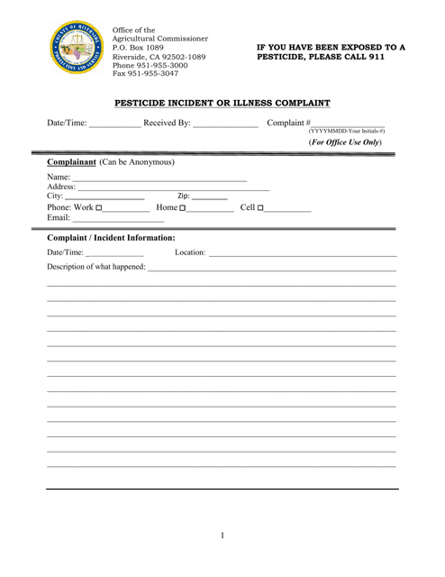 Pesticide Incident or Illness Complaint - County of Riverside, California Download Pdf