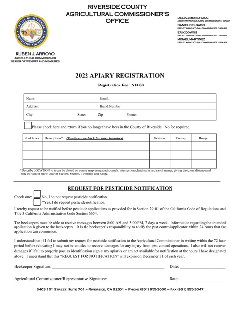 Apiary Registration - County of Riverside, California Download Pdf