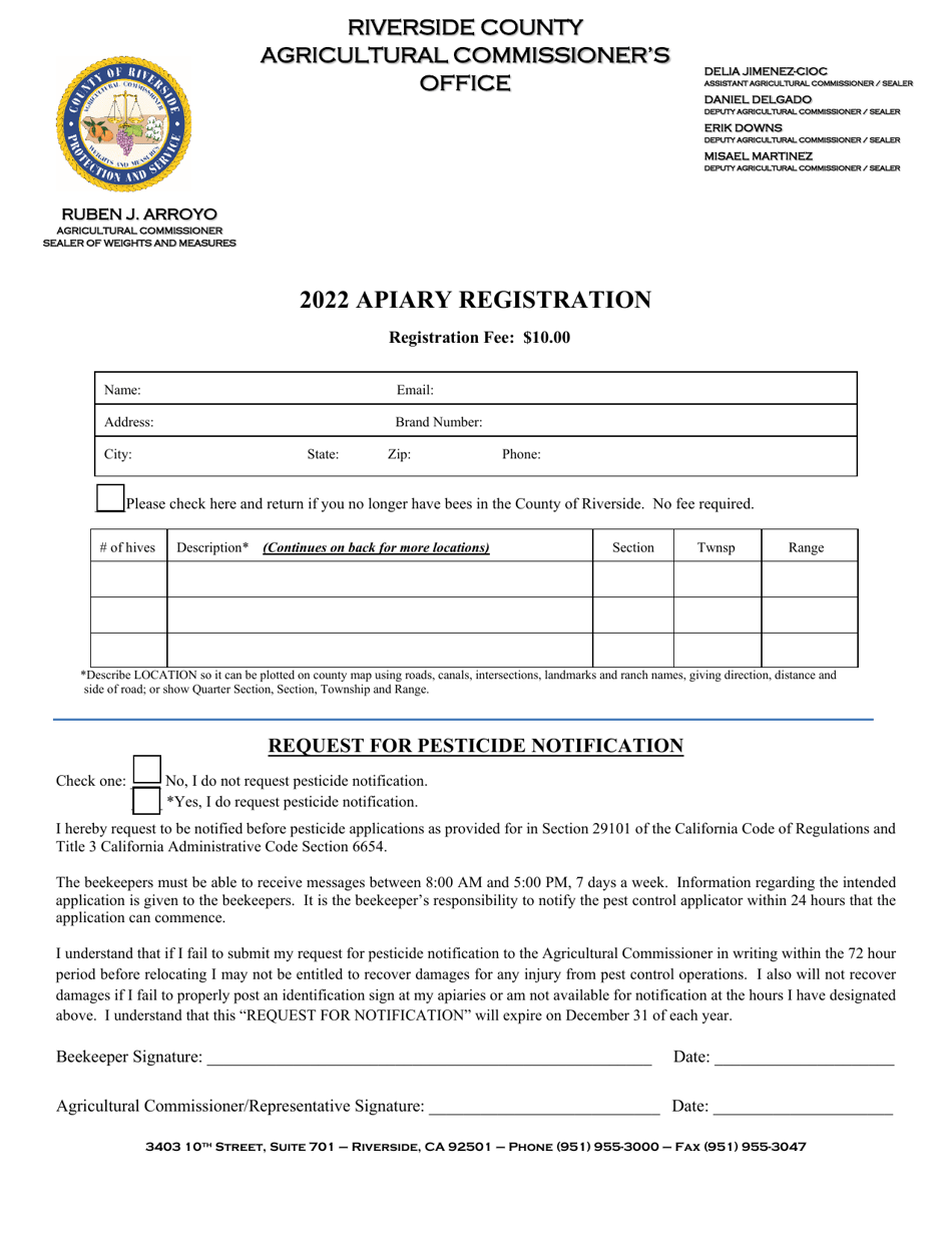 Apiary Registration - County of Riverside, California, Page 1
