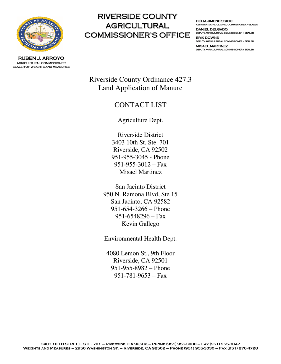 County of Riverside, California Land Application of Manure Exemption