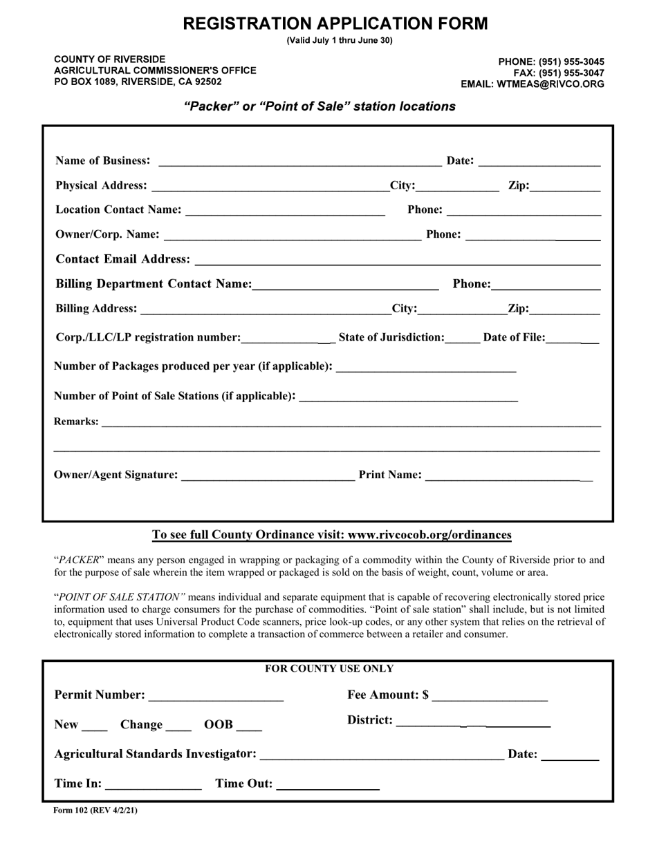 Form 102 Scanner / Packer Registration Form - County of Riverside, California, Page 1