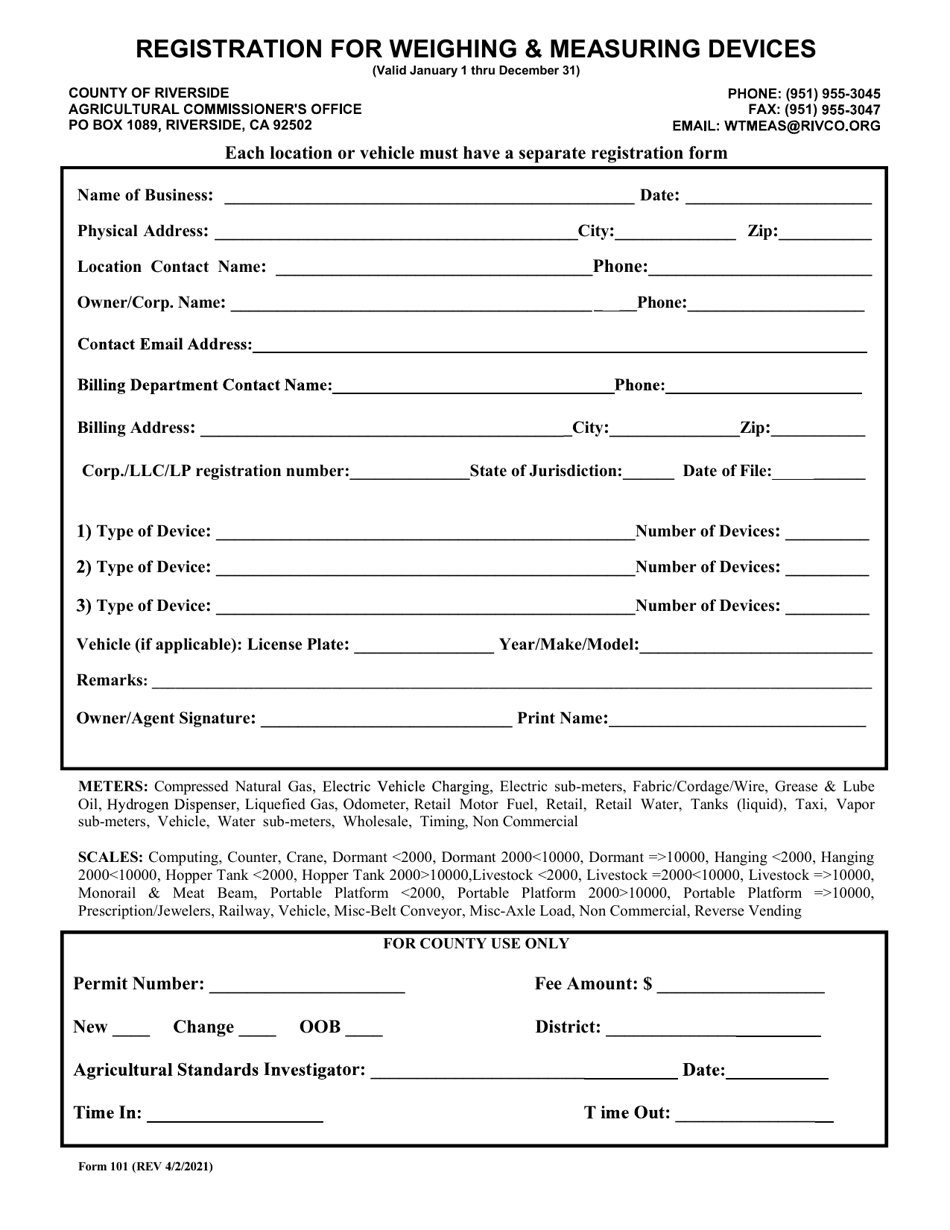 Form 101 Registration for Weighing  Measuring Devices - County of Riverside, California, Page 1