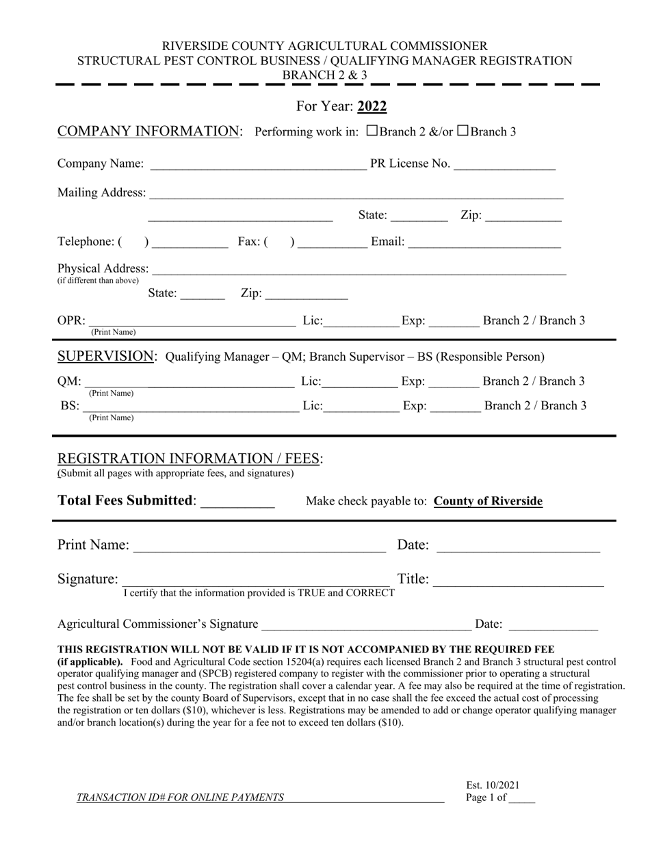 Structural Pest Control Business / Qualifying Manager Registration - Branch 2  3 - County of Riverside, California, Page 1