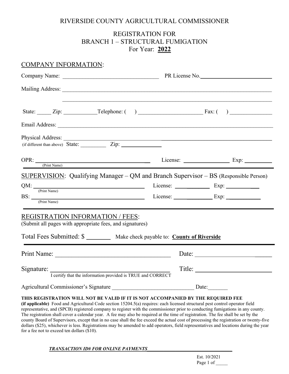 Registration for Branch 1 - Structural Fumigation - County of Riverside, California, Page 1