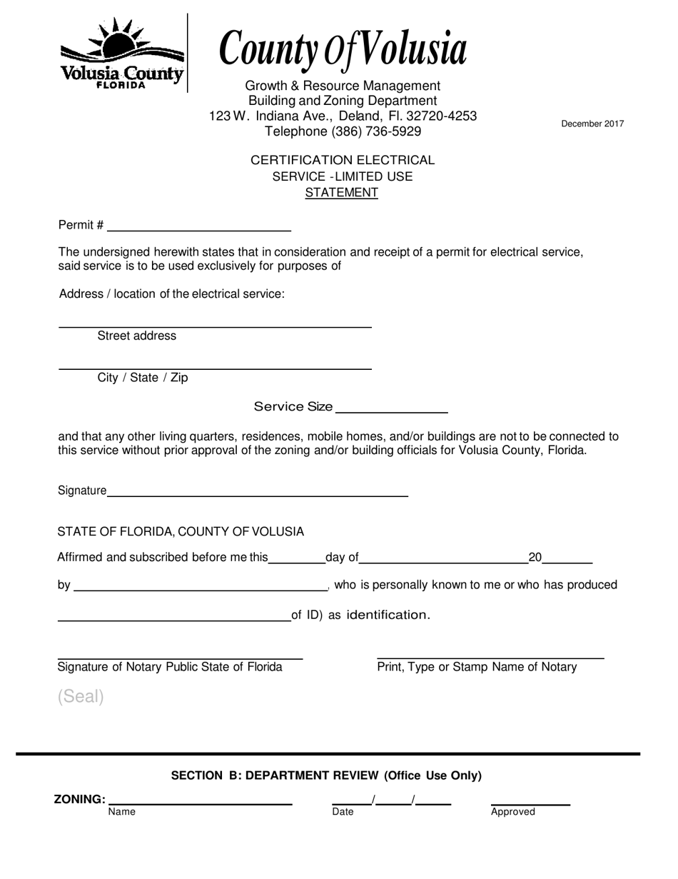 Certification Electrical Service -limited Use Statement - County of Volusia, Florida, Page 1