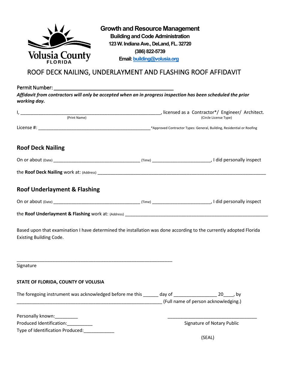 Roof Deck Nailing, Underlayment and Flashing Roof Affidavit - County of Volusia, Florida, Page 1
