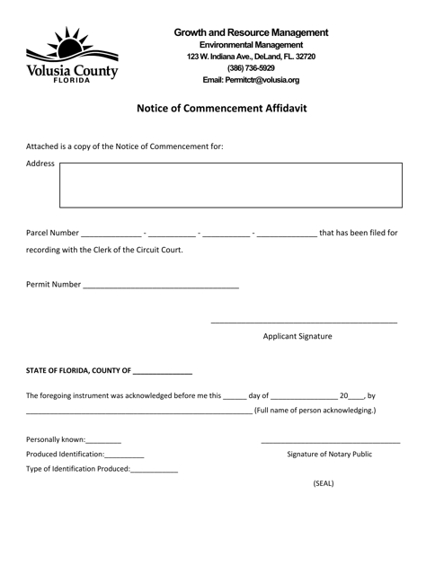 Notice of Commencement Affidavit - County of Volusia, Florida Download Pdf