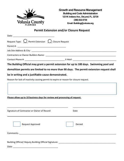 Permit Extension and / or Closure Request - County of Volusia, Florida Download Pdf