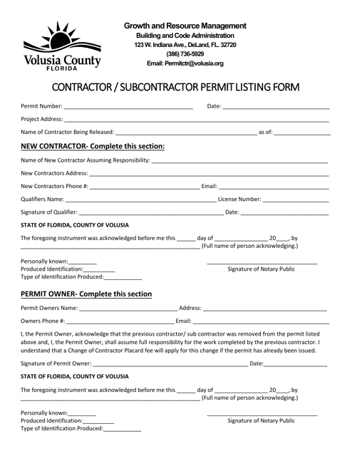 Contractor / Subcontractor Permit Listing Form - County of Volusia, Florida Download Pdf