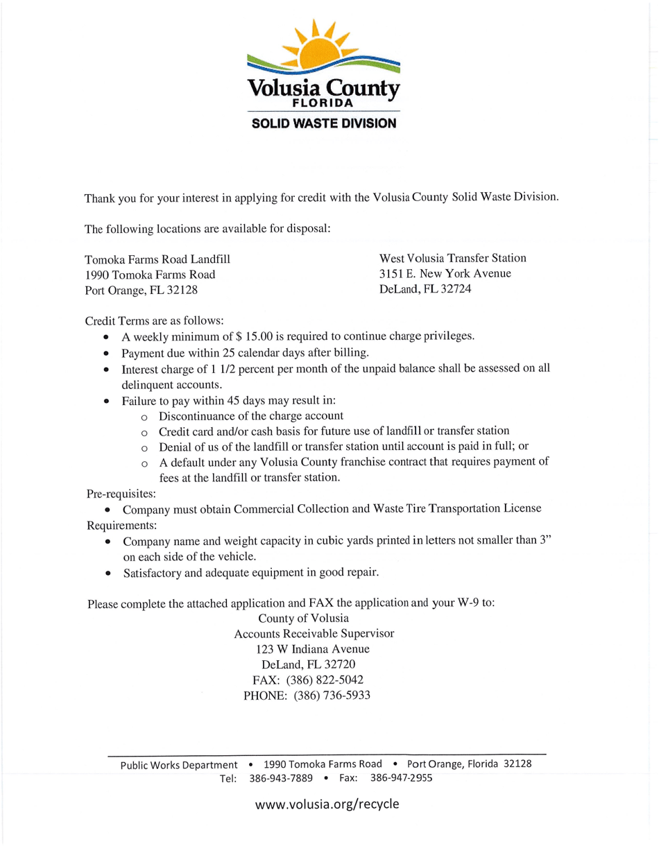 Application for Credit at Landfill  West Volusia Tranfer Station - County of Volusia, Florida, Page 1