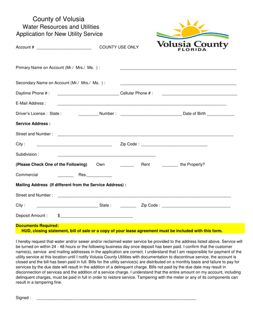 Application for New Utility Service - County of Volusia, Florida Download Pdf
