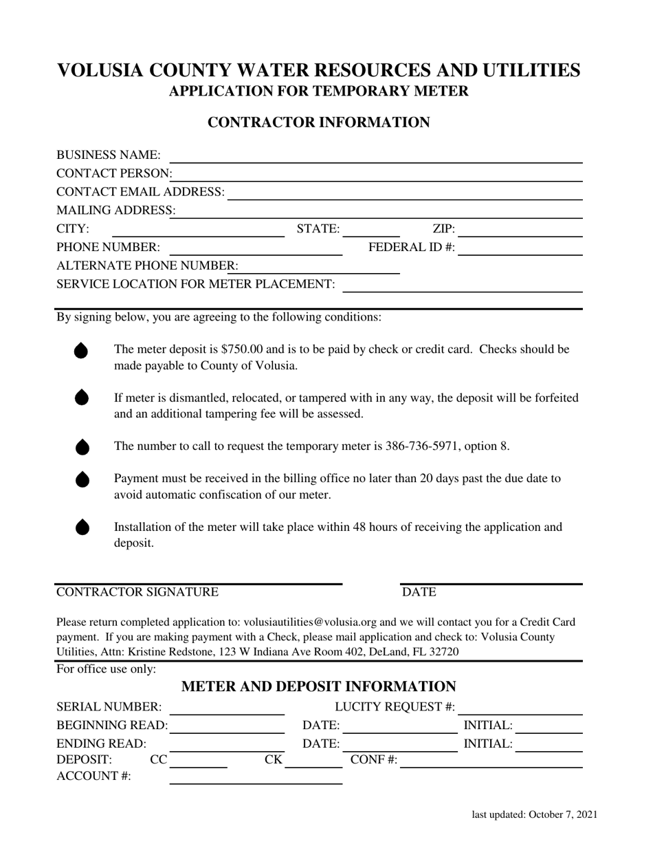 County of Volusia, Florida Application for Temporary Meter Fill Out