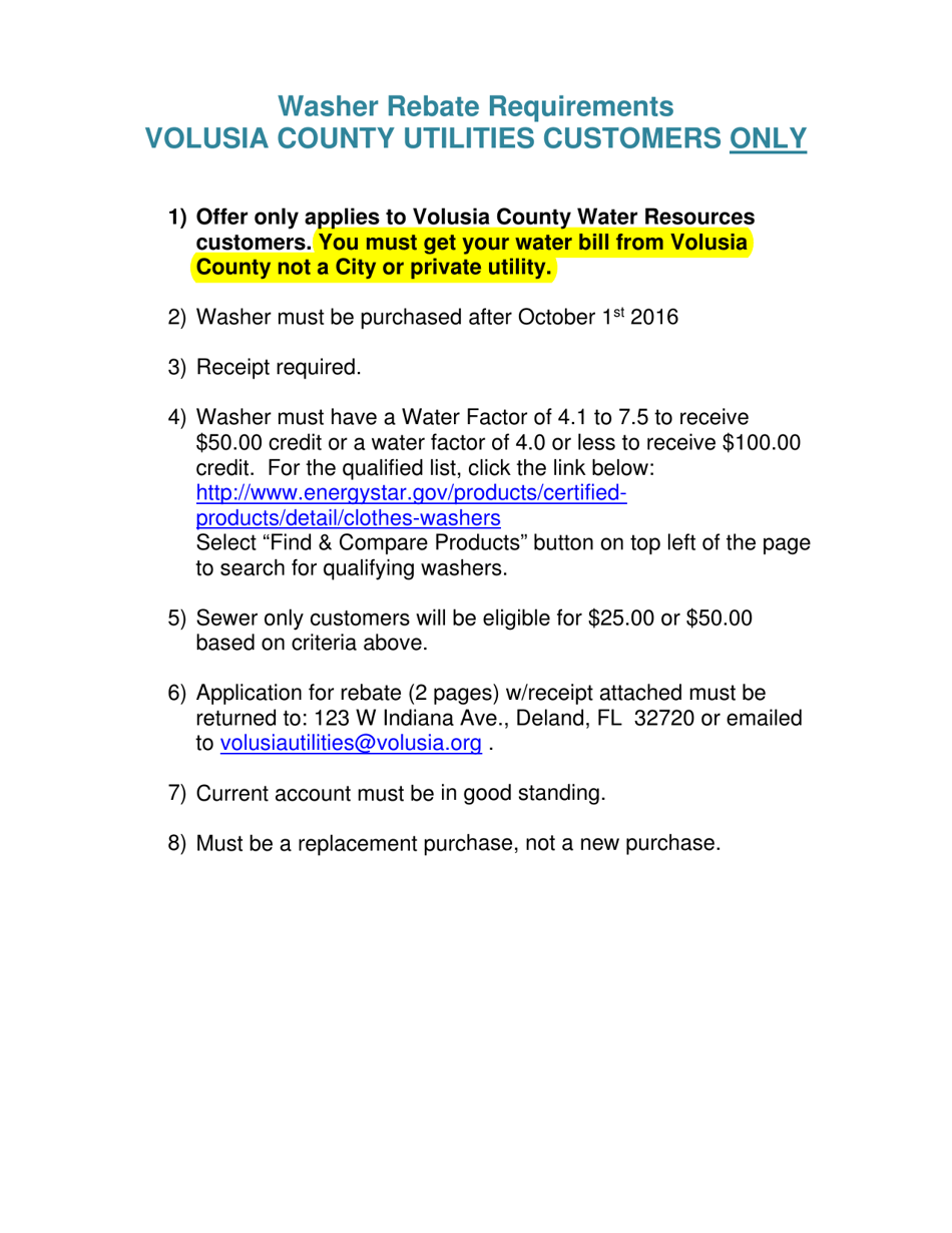 Request for Credit - Washer Rebate - County of Volusia, Florida, Page 1
