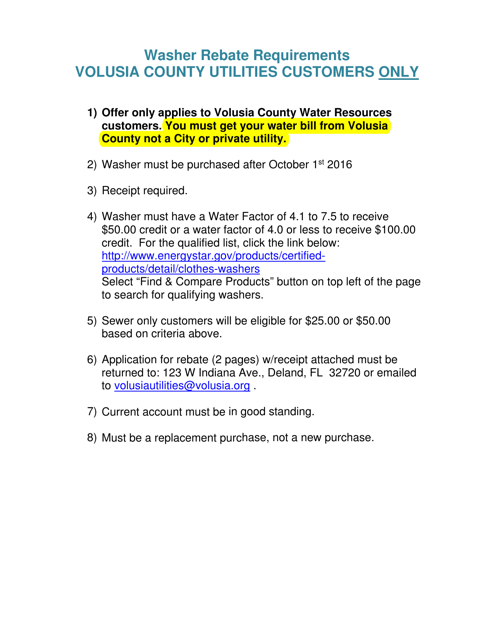 Request for Credit - Washer Rebate - County of Volusia, Florida Download Pdf