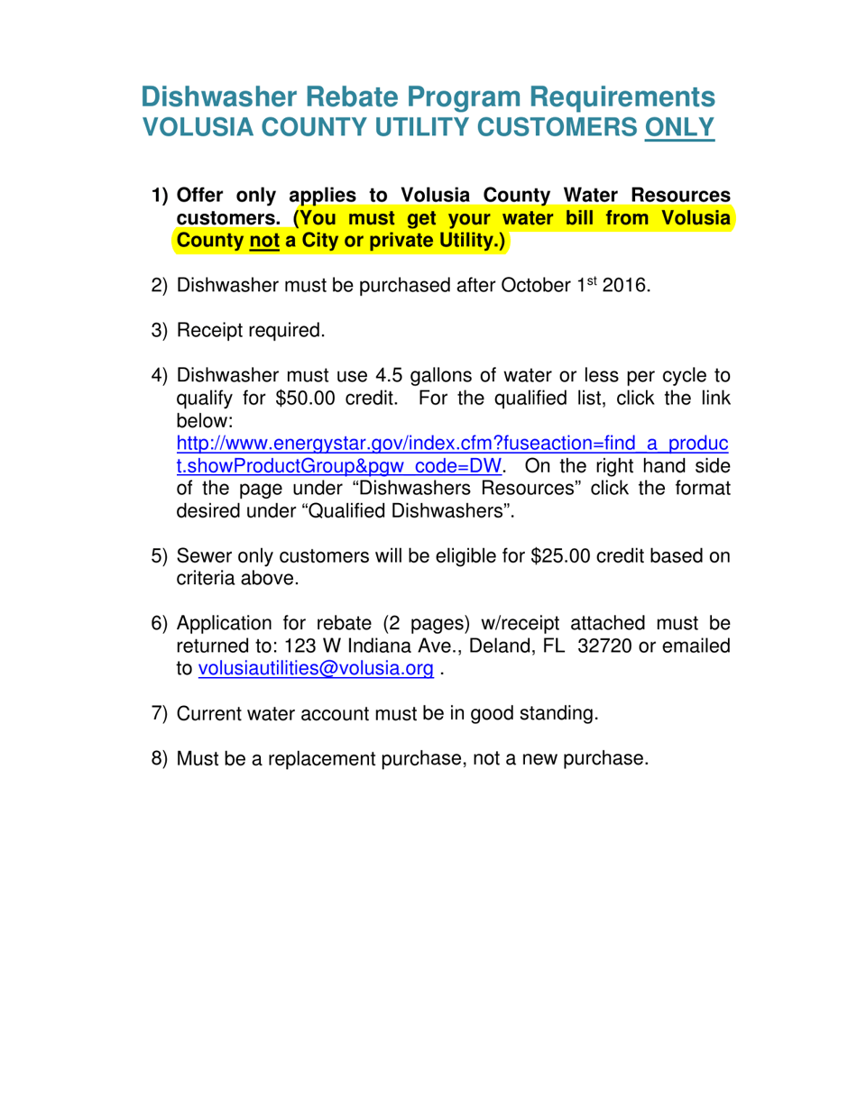 Request for Credit - Dishwasher Rebate Program - County of Volusia, Florida, Page 1