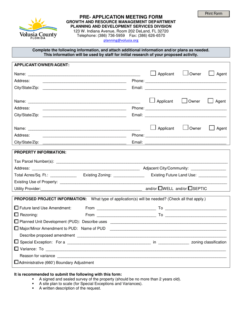 Pre-application Meeting Form - Volusia County, Florida, Page 1