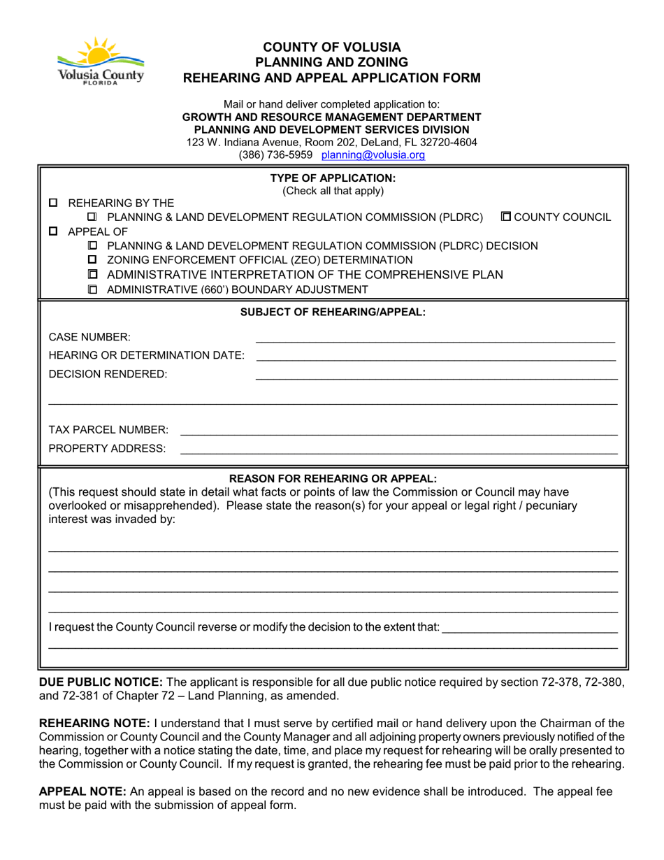 Rehearing and Appeal Application Form - Volusia County, Florida, Page 1