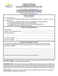 Document preview: Rehearing and Appeal Application Form - Volusia County, Florida