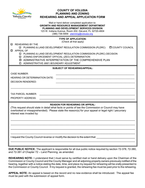 Rehearing and Appeal Application Form - Volusia County, Florida Download Pdf