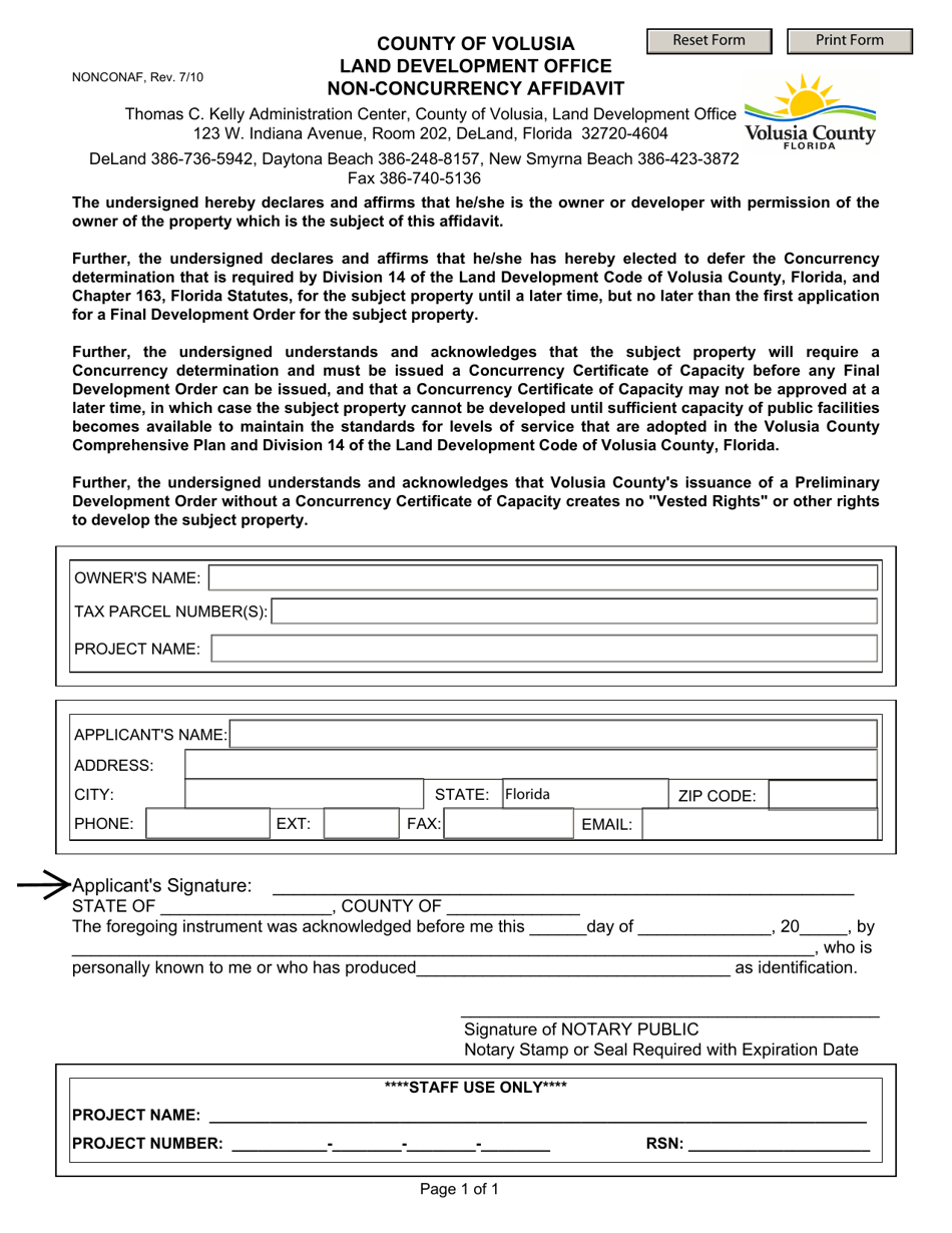Non-concurrency Affidavit - County of Volusia, Florida, Page 1