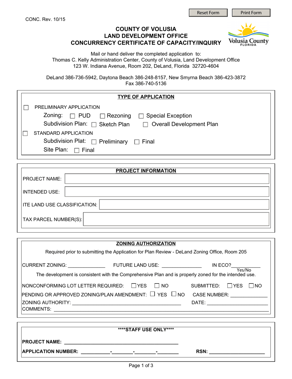 Concurrency Certificate of Capacity / Inquiry - County of Volusia, Florida, Page 1