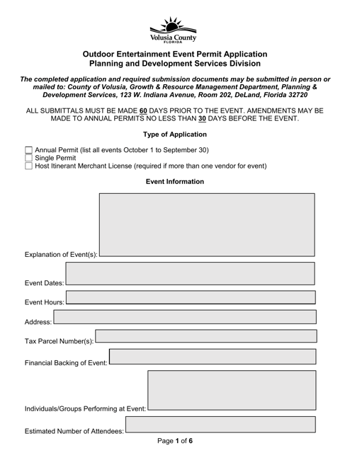 Outdoor Entertainment Event Permit Application - County of Volusia, Florida Download Pdf