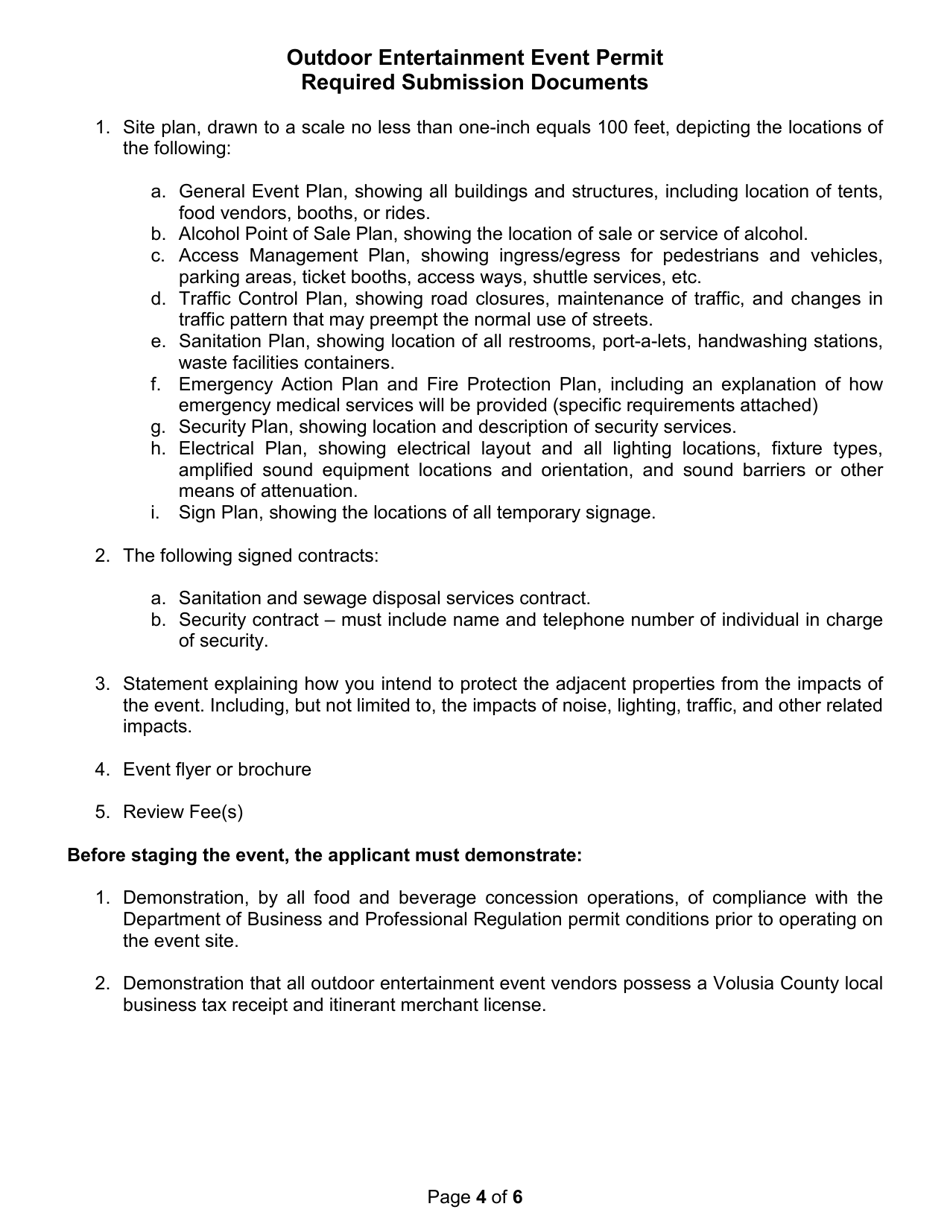 Outdoor Entertainment Event Permit Application - County of Volusia, Florida, Page 4