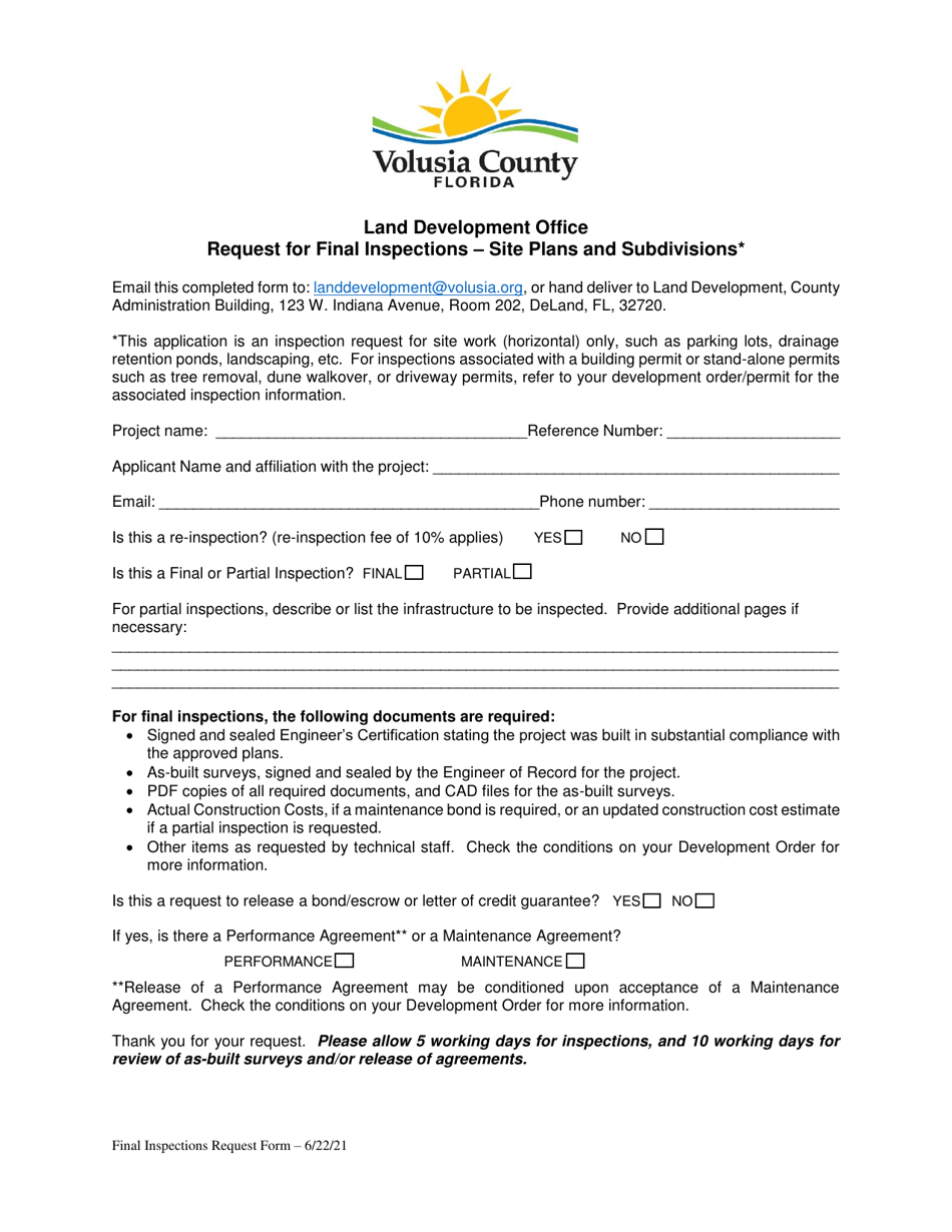Request for Final Inspections - Site Plans and Subdivisions - County of Volusia, Florida, Page 1