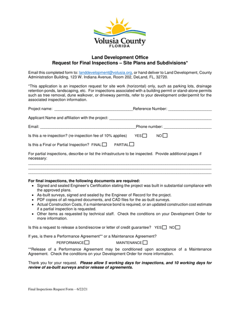 Request for Final Inspections - Site Plans and Subdivisions - County of Volusia, Florida Download Pdf